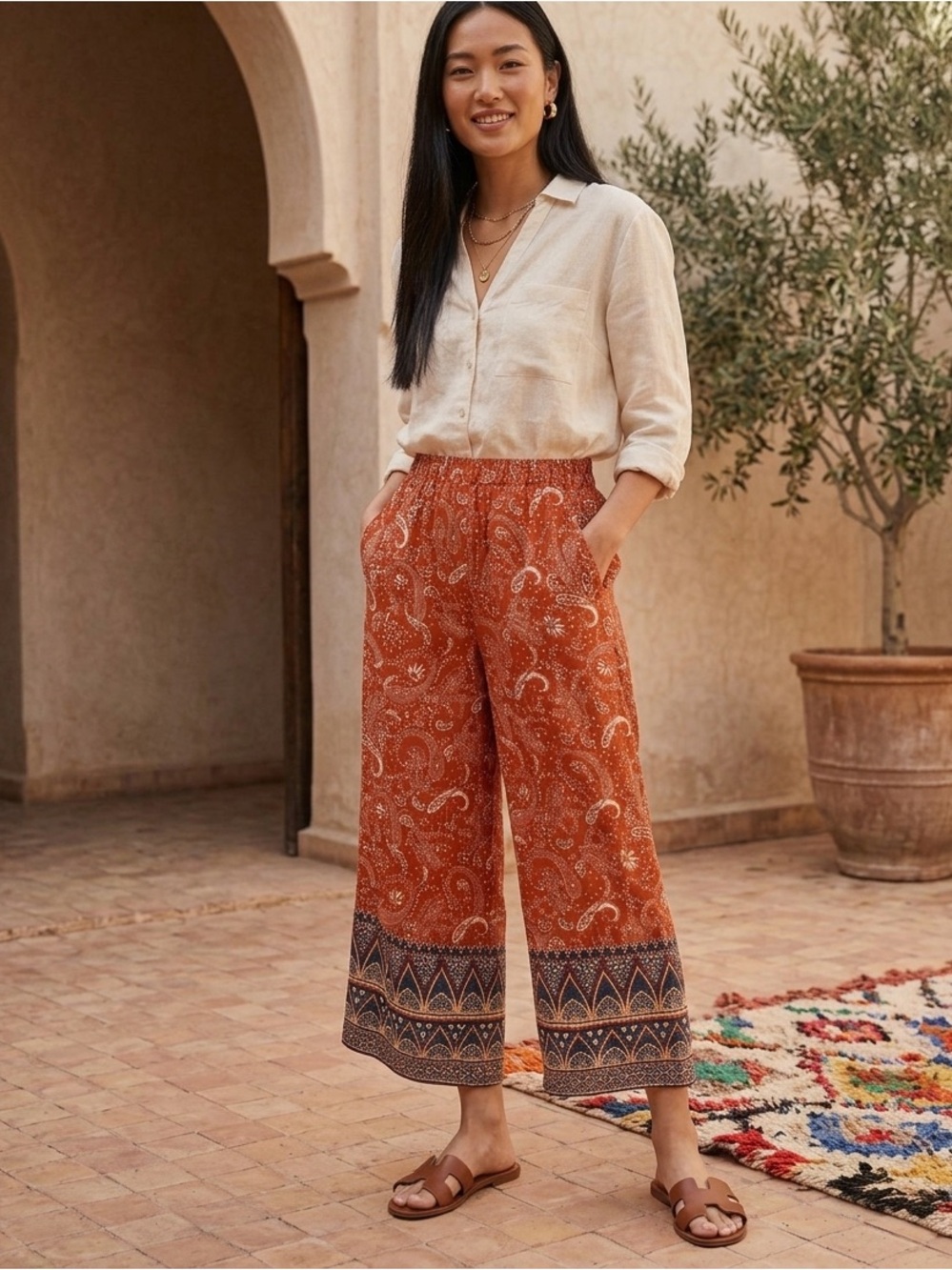 NWOT Wide-Leg Paisley Print Pants in Rust